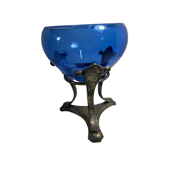 VTG Cobalt Blue Glass Pedestal Compote Apothecary Jar Hand Blown Silver Overlay - Picture 7 of 16
